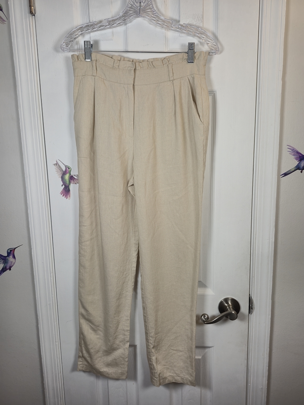 HAVE Linen Blend High Rise Paperbag Tapered Pants - Tan Beige M